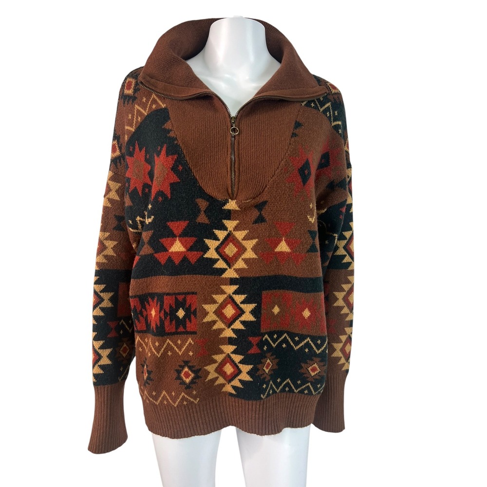 BKE Buckle Mens Sweater Brown Southwest Geometric Quarter Zip Y2K Size M NWOT